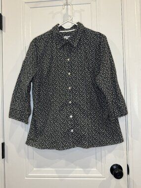 Croft & Barrow Black White Floral Button Up 3/4 Sleeve Stretch Top XL EUC